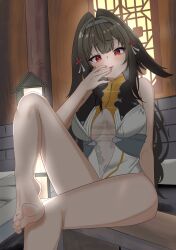  bare_shoulders barefoot blush breasts brown_hair china_dress chinese_clothes clover clover_hair_ornament commentary_request dress female finger_to_tongue foot_on_own_leg grey_hairband hair_intakes hair_ornament hairband highres isanaisana lantern long_hair looking_at_viewer medium_breasts outdoors red_eyes see-through_clothes sitting sleeveless sleeveless_dress solo toes tongue white_dress ye_shunguang zenless_zone_zero 