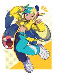  aqua_hair bandeau belt black_belt black_mask black_pants blonde_hair blue_eyes blue_pants blush boots breasts canari_(pokemon) colored_sclera criss-cross_straps dark-skinned_female dark_skin eel eelektross fangs female fish grin highres jacket lamprey long_sleeves looking_at_viewer mask mask_pull mega_stone mouth_mask multicolored_hair nanoha_nai_(naiii_0330) navel one_eye_closed open_mouth pants pokemon pokemon_legends:_z-a poking red_sclera short_twintails smile split-color_hair sports_bra twintails two-tone_hair two-tone_mask two-tone_pants white_boots yellow_bandeau yellow_jacket yellow_mask yellow_sports_bra 