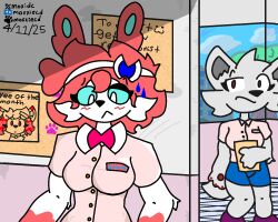  anthro blue_eyes bow_ribbon cloth duo ears_up eeveelution female female/female gender_transformation generation_6_pokemon hair hi_res male male/female male/male moxxiecd nintendo pink_hair pokemon pokemon_(species) sylveon tail transformation transformation_sequence 