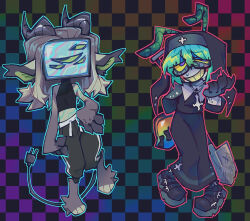  2_horns 4_eyes ambiguous_gender animal_humanoid antennae_(anatomy) anthro arthropod arthropod_abdomen arthropod_humanoid black_background bodily_fluids boots bottomwear btascandalist checkered checkered_background clothed clothed_anthro clothed_humanoid clothed_male clothing crop_top cross cross_necklace dress duo electronics eyewear femboy footwear for_a_head fully_clothed fully_clothed_anthro fully_clothed_humanoid fully_clothed_male glasses gradient_background green_hair grin hair horn humanoid insect_humanoid insects jewelry male mammal multi_eye necklace nervous nervous_smile nervous_sweat nonbinary_(lore) nun nun_outfit nun_veil object_head pants pattern_background paws rainbow_background screen screen_face screen_head shirt shoes shovel simple_background smile standing sweat sweatdrop sweatpants tail television tools topwear tv_head veil wearing_glasses 