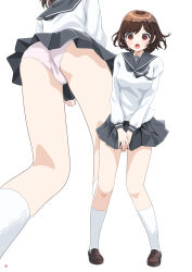  :o absurdres ass breasts brown_eyes brown_hair cameltoe commentary_request crotch_seam female floating_hair from_below full_body grey_sailor_collar grey_skirt highres kneehighs long_sleeves medium_breasts miniskirt mtu_virus multiple_views nao_suke open_mouth original panties pantyshot pleated_skirt sailor_collar school_uniform shirt short_hair simple_background skirt skirt_tug socks standing surprised trefoil underwear upskirt white_background white_panties white_shirt white_socks 