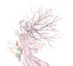  animal bare_shoulders branch breasts brown_eyes bun_cover cherry_blossoms cleavage closed_mouth commentary_request double_bun falling_petals female full_body green_sash green_shoes grey_hair hair_bun holding holding_animal japanese_clothes kimono long_sleeves medium_breasts mouse_(animal) obi off_shoulder open-toe_shoes original petals pink_kimono plant_growth sash shoes short_hair single_thighhigh sleeves_past_fingers sleeves_past_wrists smile solo thighhighs white_background white_thighhighs yuki_dango 