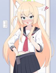  ! !! :o absurdres animal_ear_fluff animal_ears artist_name black_sailor_collar black_skirt blonde_hair blue_archive blurry blurry_background blush clothes_pull commentary_request cowboy_shot embarrassed female floppy_ears fox_ears fox_girl green_eyes hair_between_eyes hairclip_(user_rasc5457) hand_on_own_hip highres indoors kurumi_(blue_archive) long_hair long_sleeves looking_at_viewer midriff_peek miniskirt neckerchief nose_blush oerba_yun_fang open_mouth panties panty_peek pleated_skirt red_neckerchief sailor_collar school_uniform serafuku shirt sidelocks skin_fang skirt skirt_pull solo straight_hair striped_clothes striped_panties surprised sweatdrop tsurime two_side_up underwear v-shaped_eyebrows very_long_hair white_shirt 