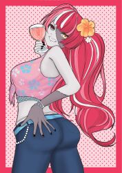  ambiguous_red_liquid ass bare_arms bead_bracelet beads belt black_nails blue_belt blue_pants blunt_ends bracelet colored_skin cup denim diamond-shaped_pupils diamond_(shape) english_commentary eyebrows_hidden_by_hair female floral_print floral_print_shirt flower from_behind front-tie_top gradient_eyes green_eyes grey_skin hair_flower hair_ornament hand_on_own_ass heterochromia highres holding holding_cup hololive hololive_indonesia holonatsu_paradise ichika_opopoi jewelry kureiji_ollie kureiji_ollie_(holonatsu_paradise) long_hair looking_at_viewer looking_back midriff mismatched_pupils multicolored_eyes multicolored_hair multicolored_skin nail_polish official_alternate_costume pants patchwork_skin pink_hair red_background red_eyes red_hair shirt simple_background sleeveless sleeveless_shirt smile stitched_arm stitched_face stitches symbol-shaped_pupils twintails two-tone_skin virtual_youtuber white_hair white_skin x-shaped_pupils yellow_eyes zombie 