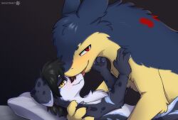  bed border_collie canid canine canis collie cuddling domestic_dog fluffy furniture generation_2_pokemon grabbing gradient_background herding_dog hi_res kemono looking_at_viewer lying male male/male mammal nintendo on_back pastoral_dog pillow pokemon pokemon_(species) sheepdog simple_background size_difference smile smug snowdrift_(snowstormbat) snowstorm_(snowstormbat) snowstormbat tongue tongue_out typhlosion 