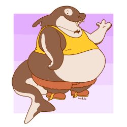  ambiguous_gender anthro artist_name batbol belly big_belly black_body black_skin bottom_heavy cetacean clothed clothing dolphin dorsal_fin fin gesture jewelry looking_at_viewer mammal marine midriff notched_fin obese obese_ambiguous obese_anthro oceanic_dolphin orca overweight overweight_ambiguous overweight_anthro pendant smile solo standing tail teeth text thick_tail toothed_whale waving waving_at_viewer white_body white_skin 