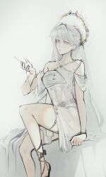  absurdres alternate_costume criss-cross_halter dress female foot_out_of_frame hair_over_shoulder halo halo_behind_head halterneck hand_up headband highres jewelry knee_up logicsterrr long_hair looking_at_viewer nephis_(shadow_slave) off-shoulder_dress off_shoulder playing_with_own_hair see-through_clothes see-through_dress shadow_slave sitting slippers solo thighlet twisted_torso white_dress white_eyes white_hair 