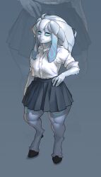  2025 absurd_res anthro artist_name asian_clothing blue_markings blue_pupils blue_sclera bottomwear bovid breasts caprine clothed clothed_anthro clothed_female clothing cloven_hooves collared_shirt colored dewclaw_hooves digital_drawing_(artwork) digital_media_(artwork) dipstick_ears dress_shirt ear_markings east_asian_clothing eye_through_hair eyebrow_through_hair eyebrows female female_anthro floppy_ears front_view full-length_portrait fully_clothed fully_clothed_anthro fully_clothed_female fur fur_markings grey_background hair hand_on_hip hi_res hooves horizontal_pupils japanese_clothing japanese_school_uniform kindred_(lol) lamb_(lol) league_of_legends looking_at_viewer lop_ears mammal markings multicolored_ears portrait pupils riot_games ruttinren school_uniform shaded shirt simple_background skirt solo standing tencent text thick_thighs topwear translucent translucent_hair twitter_handle unguligrade uniform white_body white_eyes white_fur white_hair wide_hips 