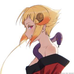  alternate_costume artist_name bare_shoulders blonde_hair capella_emerada_lugnica closed_mouth commentary ecjhonny89 english_commentary facing_to_the_side female forked_tongue from_side hair_ornament looking_at_viewer multicolored_hair off_shoulder purple_snake re:zero_kara_hajimeru_isekai_seikatsu red_eyes short_hair simple_background smile snake solo tongue twitter_username upper_body 