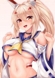  :d absurdres ayanami_(azur_lane) ayanami_(retrofit)_(azur_lane) azur_lane bare_shoulders black_choker blonde_hair breasts choker commentary crop_top crop_top_overhang detached_sleeves female hair_ornament hands_up highres long_hair long_sleeves looking_at_viewer medium_breasts midriff navel no_bra oerba_yun_fang orange_eyes ponytail revealing_clothes ryara sailor_collar shirt smile solo stomach sweat underboob upper_body very_long_hair white_shirt wide_sleeves 