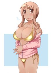  bikini blush breasts brown_eyes brown_hair cleavage collarbone female halterneck jacket katatsuka_kouji large_breasts long_hair looking_at_viewer matsumoto_yoriko open_clothes open_jacket open_mouth shiny_skin side-tie_bikini_bottom simple_background smile solo standing string_bikini sweatdrop swimsuit tan track_jacket upper_body yellow_bikini yuyushiki 