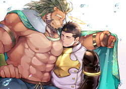  2boys abs animal_hands armband armor arsalan_(housamo) bara beard belt biceps black_hair bodysuit bracelet breastplate brown_fur cape chest_armor closed_eyes couple face_to_pecs facial_hair fire furry furry_male furry_with_non-furry green_hair halo hand_on_own_thigh hug interspecies jewelry large_pectorals lion_boy long_sleeves male_focus manly mature_male multiple_boys muscular muscular_male nipples obliques pants pectorals smile sparkle spiked_hair stomach stubble thick_arms thick_eyebrows tight_clothes tokyo_afterschool_summoners topless_male wafu_(youzora_samo18) water water_drop yaoi zabaniyya_(housamo) 