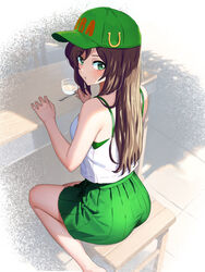  alternate_costume alternate_hairstyle ass baseball_cap blush brown_hair camisole female from_behind green_eyes green_hat green_skirt hair_down hat hayakawa_tazuna highres holding holding_spoon horse_girl horseshoe_ornament long_hair looking_at_viewer looking_back pleated_skirt sitting skirt solo spoon umamusume white_camisole zenbrush2 