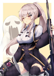  :o absurdres anti-materiel_rifle aratake black_skirt black_thighhighs blush bolt_action breasts dinergate_(girls&#039;_frontline) female full_body ghost girls&#039;_frontline grey_hair gun hair_ornament hairclip hairpin highres holding holding_gun holding_weapon iws_2000_(girls&#039;_frontline) iws_2000_(the_seventh_sealer)_(girls&#039;_frontline) large_breasts long_hair long_sleeves looking_at_viewer non-humanoid_robot official_alternate_costume on_floor open_mouth ponytail purple_eyes rifle robot sangvis_ferri shirt sidelocks simple_background skirt sniper_rifle solo steyr_iws_2000 thighhighs weapon white_shirt zettai_ryouiki 