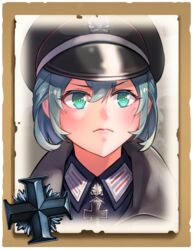  closed_mouth coat company_of_heroes female german_army green_eyes green_hair hat jacket looking_at_viewer military military_coat military_hat military_jacket military_uniform original portrait short_hair solo uniform v-shaped_eyebrows world_war_ii zhainan_s-jun 