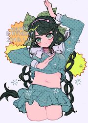  arm_up bad_id bad_twitter_id black_hair blush bow breasts chabashira_tenko choker commentary_request cowboy_shot crop_top cropped_legs danganronpa_(series) danganronpa_v3:_killing_harmony dated female green_eyes hair_ornament hair_ribbon hairbow hand_up happy_birthday highres kara_aren layered_skirt long_hair long_sleeves looking_at_viewer medium_breasts midriff mole mole_under_mouth navel pink_choker ribbon school_uniform serafuku skirt smile solo twintails very_long_hair white_background 