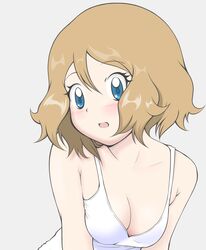  bare_arms blue_eyes blush breasts cleavage collarbone commentary_request eyelashes female grey_background hair_between_eyes highres light_brown_hair open_mouth pokemon pokemon_(anime) pokemon_xy_(anime) serena_(pokemon) short_hair simple_background solo tax2rin upper_body 