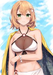  absurdres aratake bikini blonde_hair blue_sky blush breasts cleavage closed_mouth collarbone crossed_arms female girls&#039;_frontline green_eyes hair_ornament hairclip highres lips looking_at_viewer medium_breasts medium_hair mole mole_under_eye navel official_alternate_costume px4_storm_(girls&#039;_frontline) px4_storm_(seaside_paradigm)_(girls&#039;_frontline) see-through sky smile solo standing swimsuit upper_body white_bikini 