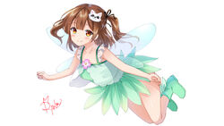  aqua_footwear aqua_skirt artist_name blush brown_eyes brown_hair fairy fairy_wings female flower full_body hair_ornament looking_at_viewer original ryuka simple_background skirt sleeveless smile solo thighs two_side_up white_background wings 