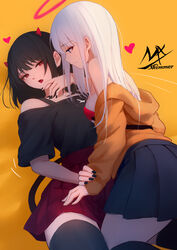  2girls angel angel_and_devil angel_girl_(shimmer) artist_logo artist_name black-haired_demon_girl_(shimmer) black_hair black_nails black_shirt black_skirt black_thighhighs commentary demon_girl demon_horns demon_tail halo heart highres hood hood_down horns kneehighs kneeling long_hair multiple_girls nail_polish off-shoulder_shirt off_shoulder original pleated_skirt red_horns red_skirt shimmer shirt shirt_tucked_in short_sleeves signature simple_background skirt socks symbol-only_commentary tail thighhighs yellow_background yuri 