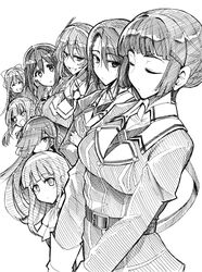  6+girls ^_^ ashigara_(kancolle) ashigara_kai_ni_(kancolle) belt blunt_bangs bow closed_eyes commentary from_side greyscale haguro_(kancolle) haguro_kai_ni_(kancolle) hair_between_eyes hair_bun hair_ornament hair_over_one_eye hairband hairbow hairclip hatsukaze_(kancolle) hayashimo_(kancolle) highres kamikaze_(kancolle) kantai_collection kasumi_(kancolle) long_hair looking_at_viewer monochrome multiple_girls myoukou_(kancolle) myoukou_kai_ni_(kancolle) nachi_(kancolle) nachi_kai_ni_(kancolle) oerba_yun_fang side_ponytail single_hair_bun smile tsuji_kazuho wavy_hair 