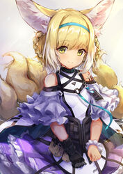  absurdres animal_ear_fluff animal_ears apron arknights bare_shoulders black_gloves blonde_hair blue_hairband blush braid braided_hair_rings breasts closed_mouth commentary female fox_ears fox_girl fox_tail gloves hair_rings hairband highres infection_monitor_(arknights) kitsune looking_at_viewer material_growth multicolored_hair oripathy_lesion_(arknights) pleated_skirt purple_skirt shirt single_glove skirt small_breasts smile solo suzuran_(arknights) tail trrcmb twin_braids two-tone_hair waist_apron white_apron white_hair white_shirt yellow_eyes 