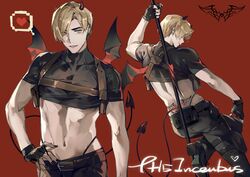  2boys adapted_costume back_tattoo black_nails brown_hair crop_top curtained_hair demon_boy demon_horns demon_tail demon_wings e_(h798602056) fingerless_gloves g-string gloves grey_eyes hand_on_own_hip heart highres holding holding_pole holster horns leg_holster leon_s._kennedy male_focus midriff mini_wings multiple_boys multiple_views non-pubic_inmon pole pole_dancing resident_evil resident_evil_4 resident_evil_4_(remake) shoulder_holster spoken_heart stripper_pole tail tattoo thong tramp_stamp turnaround wings 