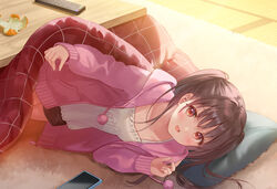  :d black_shorts blush brown_hair camisole cardigan carpet cellphone collarbone commentary_request commission controller drawstring female fukahire_(ruinon) hood hood_down hooded_cardigan indoors kotatsu long_hair long_sleeves looking_at_viewer open_cardigan open_clothes open_mouth orange_peel original phone pillow pink_cardigan pixiv_commission pom_pom_(clothes) red_eyes remote_control shorts smartphone smile solo table twintails under_kotatsu under_the_table unzipped 