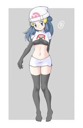  absurdres arm_behind_back beanie black_gloves black_thighhighs blue_eyes blue_hair blush border breasts closed_mouth commentary_request dawn_(pokemon) elbow_gloves eyelashes female full_body gloves hair_ornament hairclip hat highres midriff navel pokemon pokemon_(anime) pokemon_dppt_(anime) skirt smile solo standing tax2rin team_rocket team_rocket_uniform thighhighs white_border white_hat white_skirt 