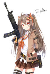  absurdres arm_belt artist_name assault_rifle belt belt_pouch bow brown_jacket brown_skirt butterfly_hair_ornament daikanyama_kanon facial_mark female gun hair_ornament hairbow hand_in_pocket highres holding holding_gun holding_weapon indie_virtual_youtuber jacket long_hair orange_bow pouch red_eyes rifle ryuka shirt simple_background skirt smirk solo thigh_strap twintails virtual_youtuber weapon white_background white_shirt wristband 