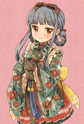  animal back_bow black_cat black_gloves blue_hair blunt_bangs blush bow braid braided_hair_rings cowboy_shot feline female floral_print frilled_kimono frills gloves hair_rings hairbow highres holding holding_animal holding_cat idolmaster idolmaster_cinderella_girls japanese_clothes kimono lolita_fashion long_hair looking_at_viewer michii_yuuki pero_(idolmaster_cinderella_girls) pink_background red_eyes sajo_yukimi sidelocks simple_background smile wa_lolita wide_sleeves 