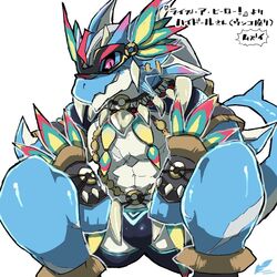  1:1 abs anthro blue_body blue_scales bulge clothing crouching dragon grin hair hydoor lifewonders live_a_hero male mask moesouna_gomi muscular muscular_anthro muscular_male mythological_creature mythological_scalie mythology pecs red_eyes scales scalie smile solo superhero swimwear tail white_hair 