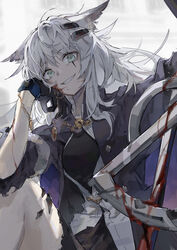  animal_ears aqua_eyes arknights black_coat black_dress black_gloves blood blood_on_face bloody_weapon breasts chains chinese_commentary coat cowboy_shot dress eyebrows_visible_through_hair female gloves grin hair_between_eyes hair_ornament hairclip hand_on_own_cheek highres injury jacket jewelry kagura_tohru lappland_(arknights) long_hair looking_at_viewer messy_hair necklace ore_lesion_(arknights) parted_lips pendant scar scar_across_eye short_dress silver_hair sitting small_breasts smile solo sword torn_clothes weapon white_jacket wolf_ears 