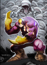  1boy artist_name creature fighting_stance highres isz justin_murray looking_at_viewer male_focus muscular muscular_male open_mouth solo standing superhero_costume the_maxx the_maxx_(character) 