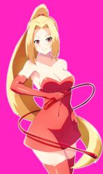  a-kiraa_(whisper) absurdres bare_shoulders blonde_hair breasts cleavage commission covered_navel dress elbow_gloves female gloves hair_intakes highres holding holding_whip large_breasts long_hair pink_background pixiv_commission ponytail red_dress red_eyes red_gloves red_legwear shynesslady smile solo standing star_ocean star_ocean_the_second_story very_long_hair whip 