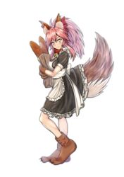  absurdres alternate_costume animal_ear_fluff animal_ears animal_hands apron auglish baguette bell blush bread breasts cat_paws chopsticks collar commentary_request enmaided fate/grand_order fate_(series) female food fox_ears fox_girl fox_tail frills gloves hair_ribbon highres jingle_bell large_breasts long_hair looking_at_viewer maid maid_apron neck_bell paw_gloves paw_shoes pink_hair ponytail red_ribbon ribbon shoes solo tail tamamo_(fate) tamamo_cat_(fate) tamamo_cat_(second_ascension)_(fate) waist_apron white_apron yellow_eyes 