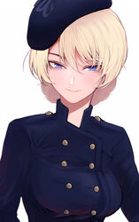  bag beret blonde_hair blue_dress blue_eyes buttons commentary_request darjeeling_(girls_und_panzer) double-breasted dress female girls_und_panzer hair_strand hat highres looking_at_viewer mityubi parted_lips shadow simple_background solo upper_body white_background 