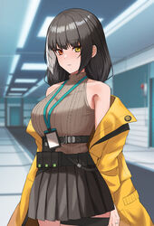  bare_shoulders black_hair black_skirt blush breasts closed_mouth commentary_request female girls&#039;_frontline heterochromia indoors krs_(karasu) lanyard large_breasts long_sleeves looking_at_viewer multicolored_hair off_shoulder pleated_skirt red_eyes ro635_(girls&#039;_frontline) ro635_(mod3)_(girls&#039;_frontline) skirt solo streaked_hair thigh_strap white_hair yellow_eyes 