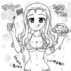  ;p alternate_costume bare_shoulders bikini birthday breasts cake cleavage commentary dated drill_hair everything_is_cake_(meme) female food fork girls_und_panzer greyscale holding holding_food holding_fork long_hair looking_at_viewer lowres marie_(girls_und_panzer) medium_breasts meme monochrome nanashiro_gorou navel one_eye_closed solo swimsuit tongue tongue_out translated upper_body 