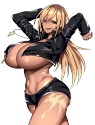  absurdres arms_up black_jacket black_shorts blonde_hair breasts cleavage cropped_jacket dark-skinned_female dark_skin female hair_between_eyes highres hip_bones huge_breasts hz_(666v) jacket jewelry leather leather_jacket long_hair lower_teeth_only navel open_mouth original pendant scar scar_across_eye scar_on_face scar_on_leg short_shorts shorts smile solo stomach teeth thighs toned underboob vecky_(camui_kamui) white_background yellow_eyes 