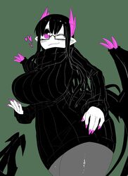  black_hair black_sweater black_tail black_wings breasts curvy demon_girl demon_horns demon_tail demon_wings dress female green_background grey_pantyhose heart highres horns huge_breasts large_breasts limited_palette long_hair merii_(mazohaha) musuko_ga_kawaikute_shikatanai_mazoku_no_hahaoya one_eye_closed pantyhose pink_eyes pink_horns pink_nails pointy_ears ribbed_sweater smile solo sweater sweater_dress tail thick_thighs thighs turtleneck turtleneck_sweater wings zyugoya 