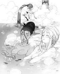  2girls blush braid breasts cleavage closed_eyes completely_nude copyright_request dark_elf elf floating_breasts greyscale hair_between_eyes hair_bun large_breasts monochrome multiple_girls nude onsen parted_lips pointy_ears ryota-h smile statue steam towel towel_on_head water 