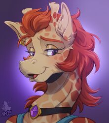  anthro bust_portrait choker conditional_dnp ear_piercing ear_ring female gem giraffe giraffid hi_res horn jewelry legend_of_ahya mammal marle_talbender_(darkflamewolf) necklace piercing portrait ring_piercing smile solo xnirox 