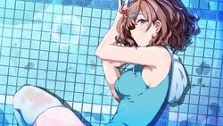  armpits bare_shoulders blue_theme blush breasts brown_hair empty_pool female hair_ornament hairpin higuchi_madoka hood hoodie idolmaster idolmaster_shiny_colors looking_at_viewer lying medium_breasts mole mole_under_eye on_side pool purple_eyes sanami_(sanami_t_38) short_hair sleeveless sleeveless_hoodie solo thighhighs tile_floor tiles white_thighhighs 