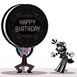  1:1 absurd_res anthro cid_(oc) clothing cookie duo equid equine fan_character female food happy happy_birthday hasbro hi_res horse izzy_(asdfr123456) lettuce_(artist) male mammal mime my_little_pony oreo_cookie pony star_eyes wingding_eyes 