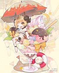  arknights arm_strap barefoot black_horns black_wristband bow brown_hair candy checkerboard_cookie chibi cookie demon_horns eyelashes female flame_print food highres holding holding_food holding_popsicle horns ice_cream ifrit_(arknights) innertube one_eye_closed open_mouth orange_bow pocky popsicle rhine_lab_logo sand sitting solo sprinkles striped striped_bow sundae swim_ring umbrella varinr wrapped_candy zoom_layer 