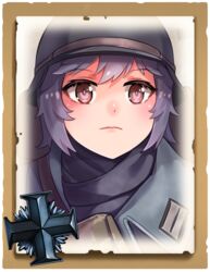  black_coat black_scarf closed_mouth coat commentary company_of_heroes english_commentary female german_army hat helmet jacket looking_at_viewer military military_coat military_hat military_jacket military_uniform original portrait purple_eyes purple_hair scarf solo uniform world_war_ii zhainan_s-jun 