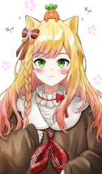  :3 absurdres animal_ears blonde_hair blush bow braid carrot cat_ears cat_girl closed_mouth commentary_request female flower frills gradient_hair green_eyes hair_flower hair_ornament highres hololive lds_(dstwins97) long_hair long_sleeves looking_at_viewer momosuzu_nene momosuzu_nene_(casual) multicolored_hair neckerchief official_alternate_costume official_alternate_hairstyle orange_hair oversized_clothes parted_bangs pink_flower pink_hair puffy_long_sleeves puffy_sleeves red_neckerchief side_braid simple_background solo streaked_hair upper_body virtual_youtuber white_background 