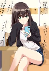  bad_id bad_pixiv_id black_hair black_jacket cellphone chair crossed_legs cup drink drinking_glass drinking_straw female green_eyes hand_on_own_chin highres holding holding_phone idolmaster idolmaster_cinderella_girls jacket jewelry long_hair necklace open_clothes phone shibuya_rin shiki_(0802makimari) shirt shorts sitting smartphone smile solo table white_shirt 