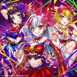  3girls album_cover arm_up bare_shoulders bell blonde_hair blue_flower blue_hair blue_kimono breasts choker cleavage cover denonbu detached_sleeves flower fur-trimmed_sleeves fur_trim hair_between_eyes hair_flower hair_ornament highres houou_karin japanese_clothes jewelry jingle_bell kimono long_hair long_hair_between_eyes looking_at_viewer medium_breasts midriff multicolored_hair multicolored_nails multiple_girls nail_polish navel official_alternate_costume official_art open_mouth pink_flower pleated_skirt purple_flower red_hair red_skirt ring sakiyamama seto_mitsuki_(denonbu) short_kimono skirt smile standing stomach_tattoo streaked_hair taiga_lucia tattoo tongue tongue_out very_long_hair white_hair yellow_eyes 